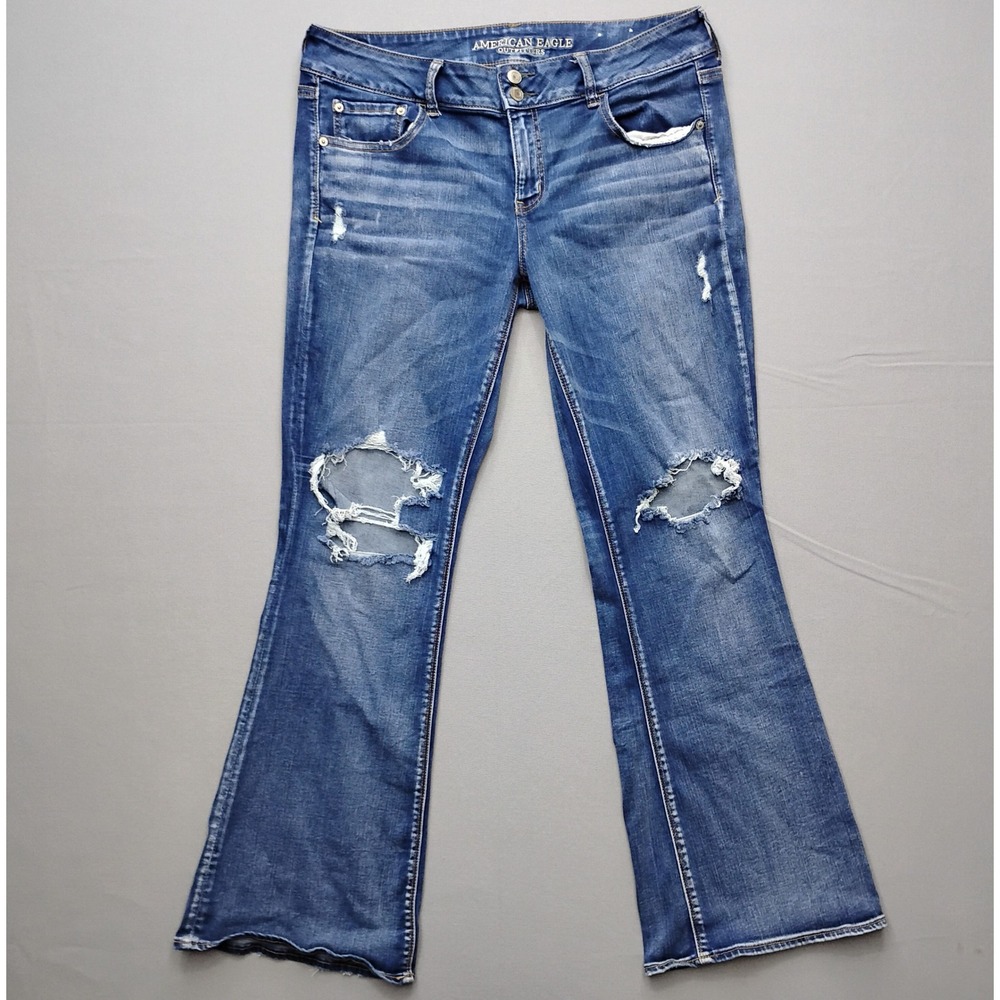 American Eagle Artist Flare Jeans Womens 16 Reg Blue Distressed Super Stretch X